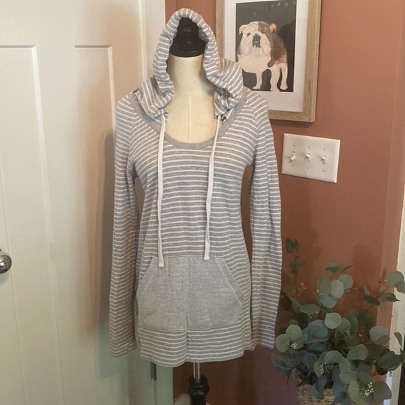 James Perse Tops - James Perse Standard striped gray white raglan sleeve hooded M cotton sweatshirt
